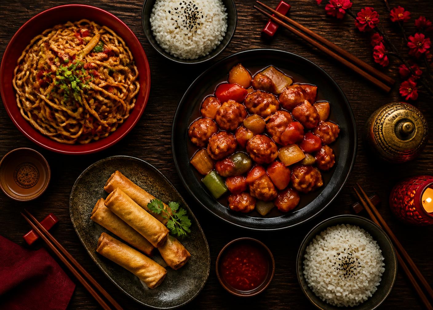 Bord dukat med asiatiska rätter, nudlar, ris och vårrullar